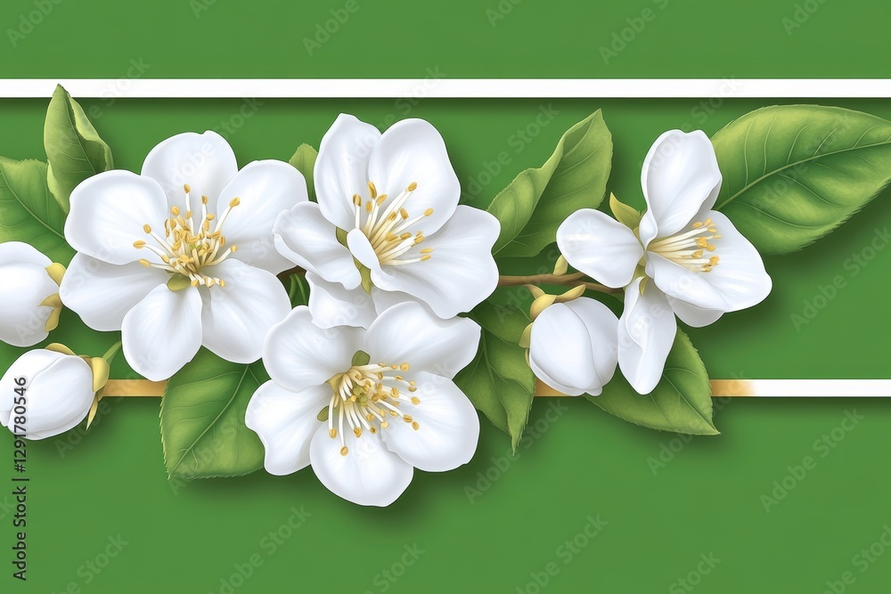 Aufkleber digital illustration with a green background, white flowers, and a gold frame. the design features a