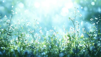 Obraz premium Dreamy, sunlit meadow with delicate white wildflowers and lush green foliage.