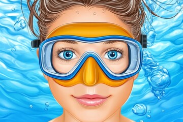 Naklejka premium a 2D cartoon illustration of a person snorkeling in crystal-clear waters, adventurous and fun, white background