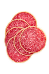 Sliced Dry Cured Salami Sausage with cheese, salami parmesano, isolated on white background.