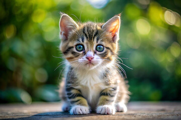 Obraz premium Adorable kitten outdoors, garden setting, soft focus bokeh