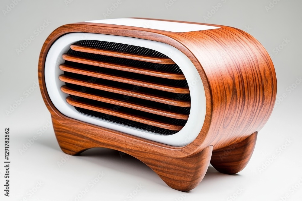 Aufkleber minimalist design of a sound system in wood and white acrylic, with circular elements featuring slat