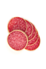 Sliced Dry Cured Salami Sausage with cheese, salami parmesano, isolated on white background.