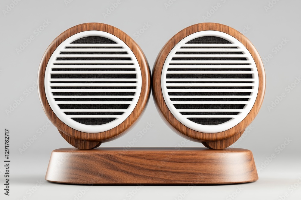 Aufkleber minimalist design of a sound system in wood and white acrylic, with circular elements featuring slat