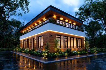 Obraz premium Modern house with white walls and wooden accents, front view, night lighting, ultra-realistic photography