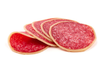 Sliced Dry Cured Salami Sausage with cheese, salami parmesano, isolated on white background.