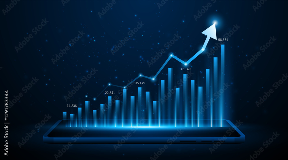 Poster arrow pointing upwards for future company growth set on tablet or smartphone. stock market graph wit