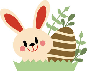 Easter illustration with an adorable bunny with decorated eggs and greenery on a grassy area, perfect for holiday and spring designs.
