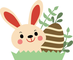 Easter illustration with an adorable bunny with decorated eggs and greenery on a grassy area, perfect for holiday and spring designs.