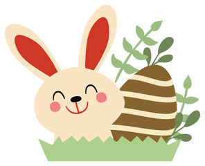 Easter sticker illustration featuring an adorable bunny with decorated eggs and greenery on a grassy area, perfect for holiday and spring designs.