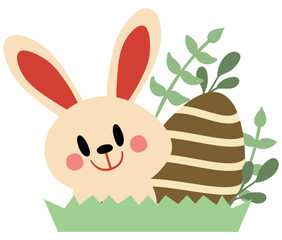 Easter sticker illustration featuring an adorable bunny with decorated eggs and greenery on a grassy area, perfect for holiday and spring designs.