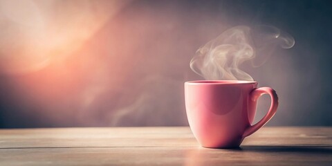 A steaming pink mug rests on a wooden table against a soft-hued background, creating a tranquil and inviting scene.