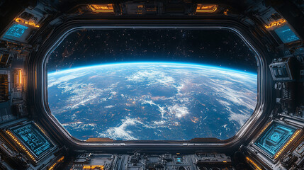 A futuristic space station interior with sleek metallic surfaces and glowing white lights, featuring a panoramic view of Earth, symbolizing advanced technology, exploration, and innovation