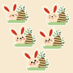Set of Easter stickers illustrations featuring an adorable bunny with decorated eggs and greenery on a grassy area, perfect for holiday and spring designs.