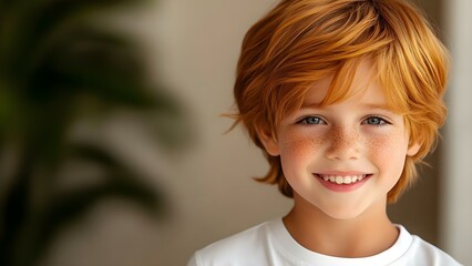 Fototapeta premium A cheerful child with red hair and freckles smiles warmly, set against a softly blurred background. Concept Cheerful Child Portrait, Red Hair and Freckles, Warm Smiles, Soft Background Blur