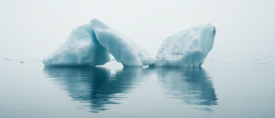 Obraz premium Two icebergs float serenely on calm waters under a misty sky, creating a tranquil and ethereal arctic seascape.