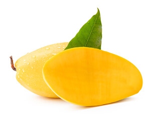 Single ripe yellow mango fruit with half and green leaf in stack isolated on white background with clipping path