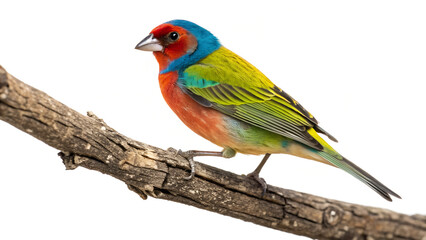 Fototapeta premium Colorful finch perched on branch, white background