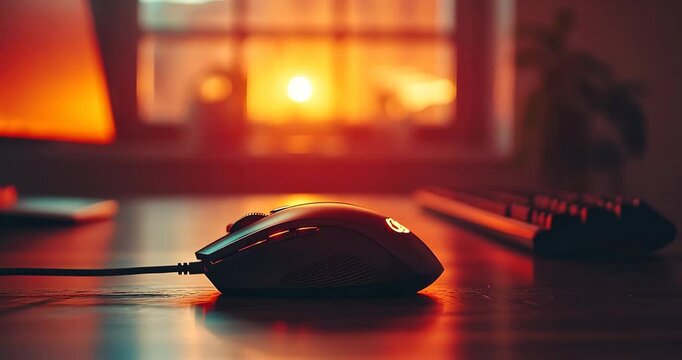 Close-up static shot of a gaming mouse on a desk at sunset. The keyboard is blurred in the background.