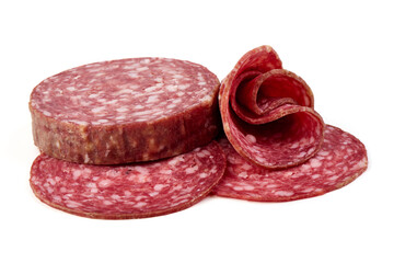 Milano Salami Slices Isolated on White Background.
