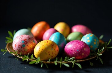 vibrant floral decorated easter eggs on green foliage - concept of easter decor, spring celebration, festive crafts