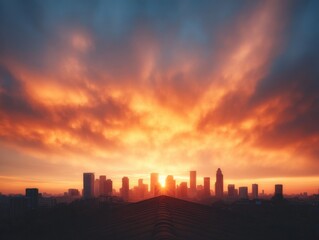 Naklejka premium City skyline at sunset with vibrant sky.
