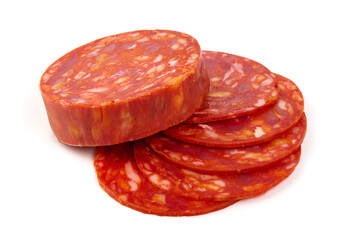 Chorizo Sausage Slices Isolated on White Background.