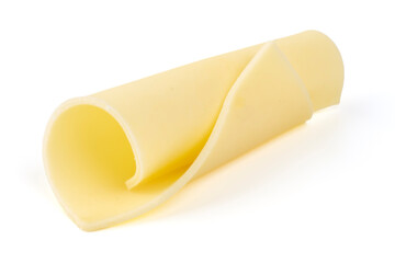 Traditional Dutch Gouda cheese slices, isolated on white background.