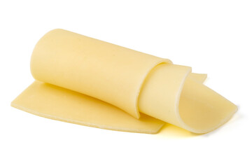 Traditional Dutch Gouda cheese slices, isolated on white background.