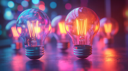 Glowing light bulbs on a vibrant pastel background symbolize creativity, innovation, and bright ideas. The minimalistic design offers space for text or branding, conveying inspiration and ingenuity