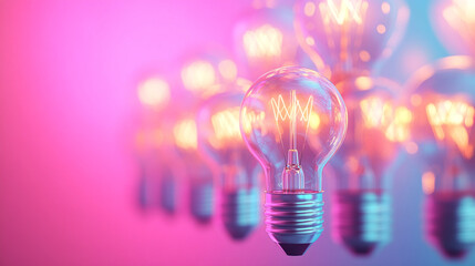 Glowing light bulbs on a vibrant pastel background symbolize creativity, innovation, and bright ideas. The minimalistic design offers space for text or branding, conveying inspiration and ingenuity