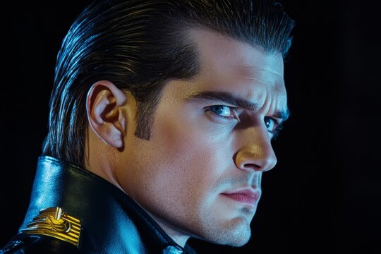 Side profile of Henry Cavill in the dark, face illuminated by golden light from behind, head turned slightly to the left side, cinematic, movie still, shadow play, backlit