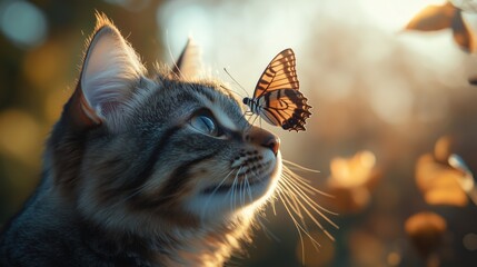Colorful butterfly sitting on cat's nose on natural background, generative ai