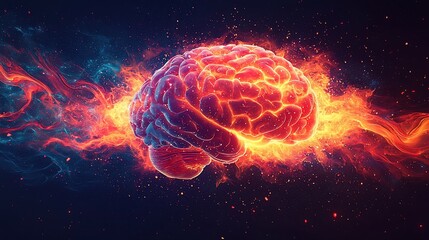 Fototapeta premium Flaming brain engulfed in fire and energy.