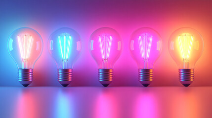 Glowing light bulbs on a vibrant pastel background symbolize creativity, innovation, and bright ideas. The minimalistic design offers space for text or branding, conveying inspiration and ingenuity