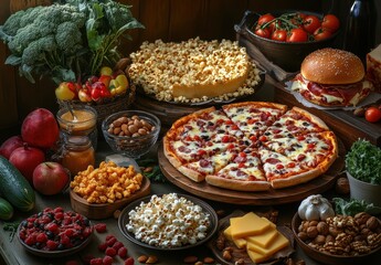 Fototapeta premium Colorful Spread of Delicious Food Including Pizza, Popcorn, Fruits, Vegetables, and Snacks Perfect for a Party or Gathering