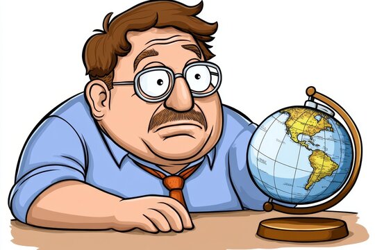 a 2D cartoon illustration of a teacher using a globe to explain continents, educational and engaging, white background