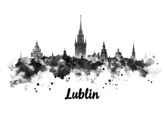 Lublin Poland Skyline BW, cityscape landscape watercolor painting print abstract splash illustration art modern urban poster artwork landmarks skyscrapers 