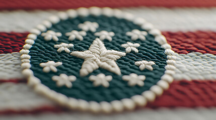 Embroidered star and flower design on striped fabric background. Intricate needlework detail with white and red stripes creates a patriotic feel.