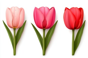 Fototapeta premium Vector illustration of a pink tulip flower with water drops, isolated on a white background. Spring or summer floral elements collection set, featuring front, side, and back views of the tulip