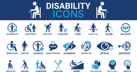 Disability icon set. Containing wheelchair, accessibility, blind, broken leg, disabled, assistance and deafness icons. Solid icon collection. Vector illustration.