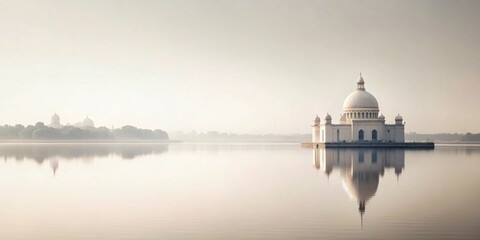 Obraz premium Serene Dawn A Picturesque Mosque Reflecting on Calm Waters, Enveloped in Misty Serenity