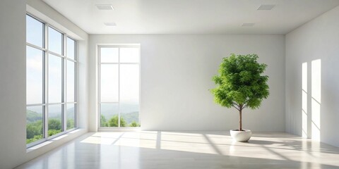 Obraz premium Bright, airy room with large windows showcasing a tranquil indoor tree in a minimalist setting