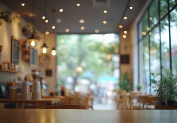 Cozy Café Interior with Natural Lighting and Minimalist Decor, Featuring Wooden Tables, Potted Plants, and Inviting Ambiance for Relaxation and Socializing