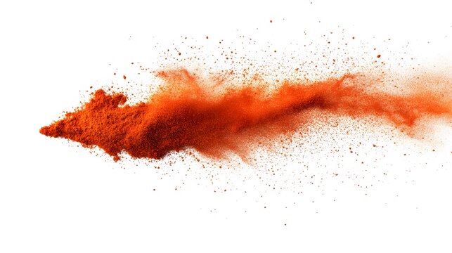 29. Red paprika powder particles gently falling in the air, isolated on a crisp white background