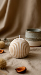 Fototapeta premium Aesthetic round ribbed candle with ceramic cup and dried botanicals in a cozy setting