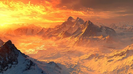 Naklejka premium Golden Sunset Over Snowy Mountains