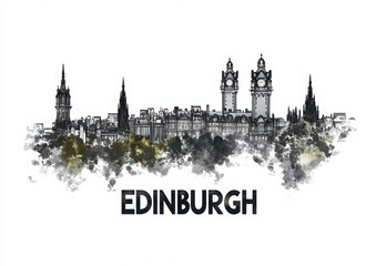 Obraz premium Edinburgh Scotland Skyline BW, print poster travel art illustration urban modern downtown landmarks skyscrapers artwork architecture digital design 