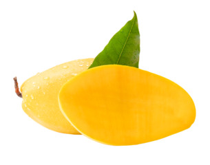 Single ripe yellow mango fruit with half and green leaf in stack isolated with clipping path in png file format