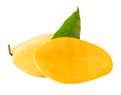 Single ripe yellow mango fruit with half and green leaf in stack isolated with clipping path in png file format